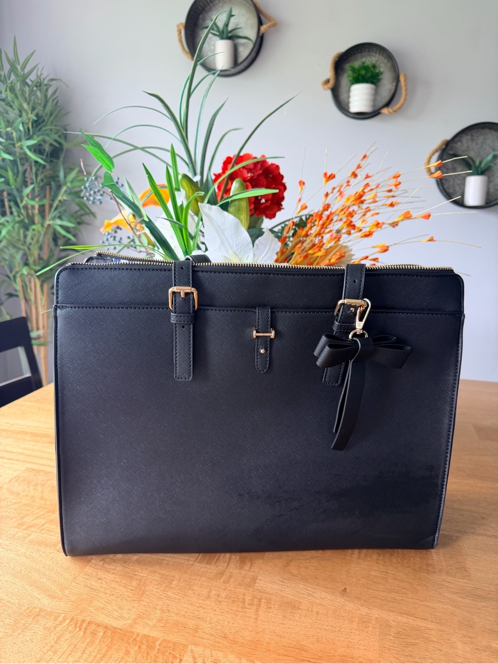 Women's Black Structured Laptop Tote with Bow Accent